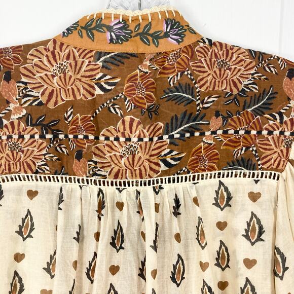 Nwot FARM RIO Top L Cream Brown Floral Pearly-Button Crochet Puff-Balloon-Sleeve - Picture 11 of 16